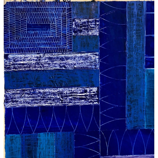 Joan Kahn, Joan Kahn Indigo Denim Blue Color Abstract Expressionist Modernist Oil Painting, c.1980's For Sale - Image 12 of 14