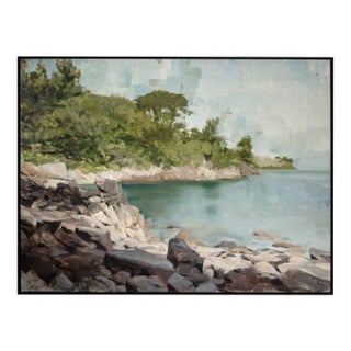 Contemporary Light Among Rocks by Jon Doran | Oil on Panel Rocky Cove With Turquoise Water For Sale