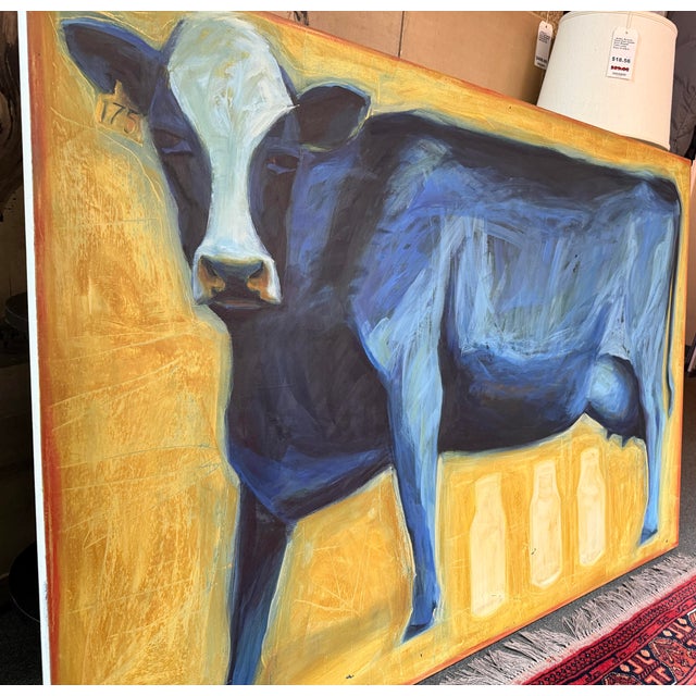 Black Suzanne Frazier Blue Cow Oil on Canvas Painting For Sale - Image 8 of 12
