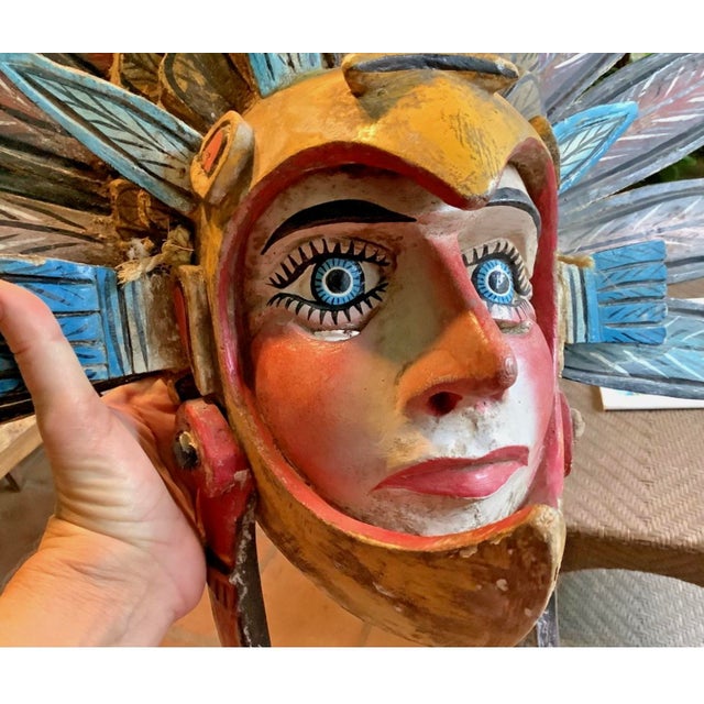 Vintage Ixcateopan Cuauhtemoc Folk Art Dance Mask, Hand Carved Mexican, 24x24" For Sale - Image 10 of 11