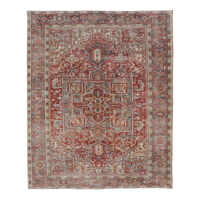 Antique Persian Heriz Rug With Striking Geometric Medallion and Intricate Detailing 7'11"x10'3" For Sale