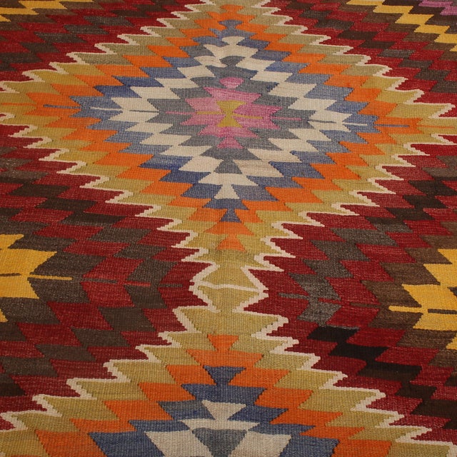 1950s Vintage Mid-Century Diamond Beige-Brown and Green Wool Kilim Rug For Sale - Image 5 of 7