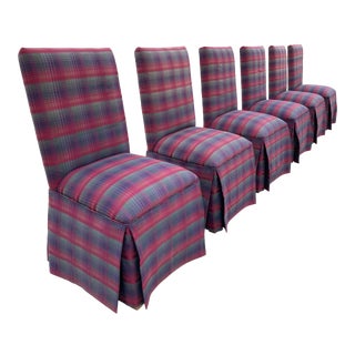 Set of 6 Purple Plaid Upholstered Parsons Style Skirted Dining Chairs For Sale