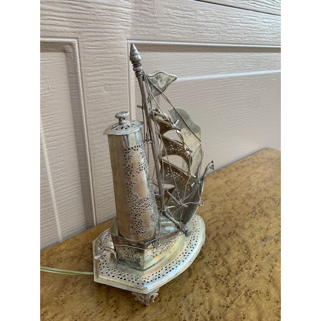 Mid-Century Modern Vintage German Silver Sailing Ship Nightlight | an English Coastal Curiosity For Sale - Image 3 of 11