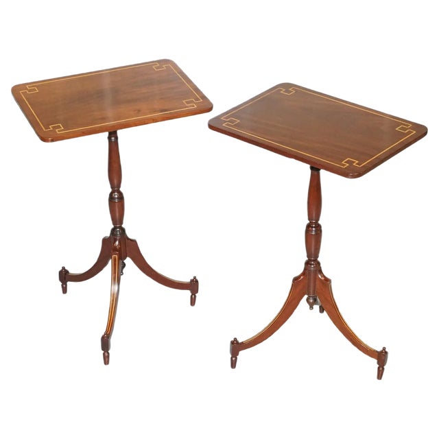 Vintage Regency Style Flamed Walnut & Inlaid Tripod Side Tables, Set of 2 For Sale