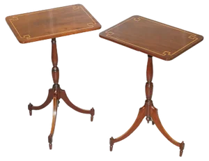 Vintage Regency Style Flamed Walnut & Inlaid Tripod Side Tables, Set of 2