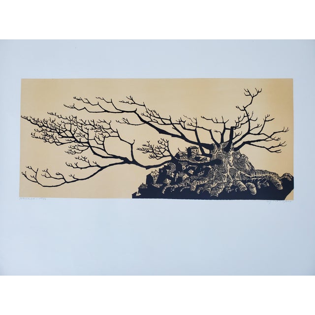 A Vintage Linocut block print Signed Arieh Kimhi, Judaica Artist Jerusalem 1974, 5/120. Abstract Landscape Jerusalem,...