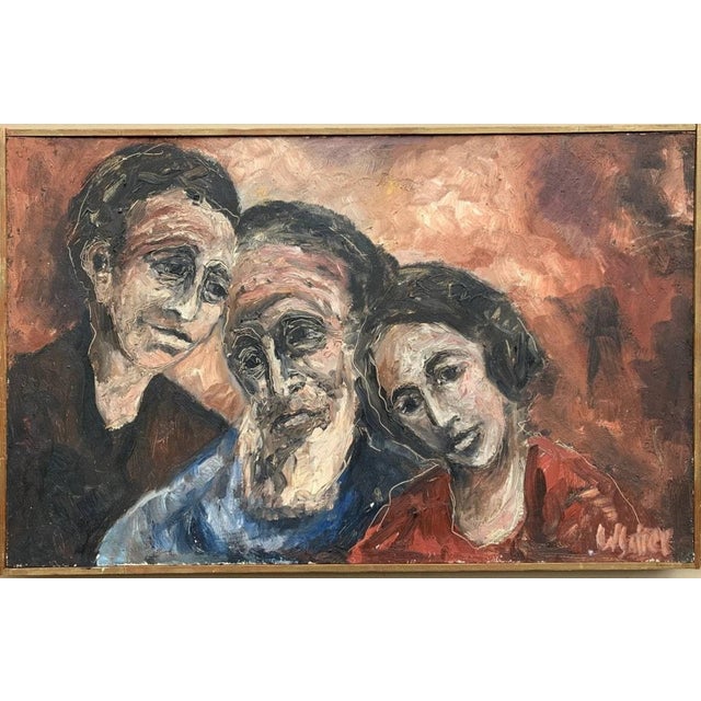 Up for sale is an original oil painting on board depicting a family portrait. Very textured. Indistinctly signed lower...