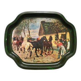 Vintage English Horse Dark Green Bordered Metal Serving Tray For Sale