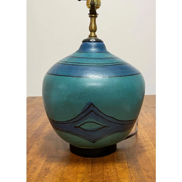 Vintage 1950’s MidCentury Modern Gulf Stream Blue Art Pottery Vase Table Lamp Designed by Fong