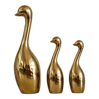 Oversized Sterling Industries Brass Tone Goose Sculptures — Set of 3 Hollywood Regency Floor Decor For Sale