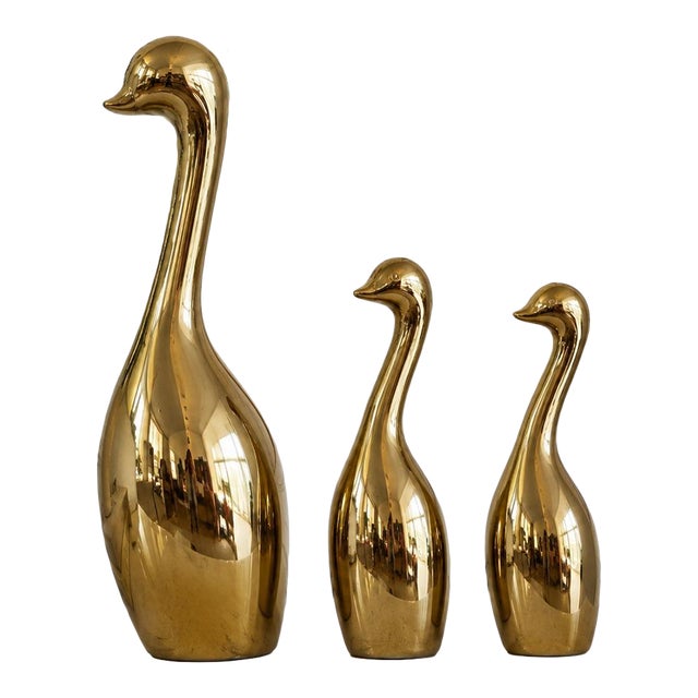 Oversized Sterling Industries Brass Tone Goose Sculptures — Set of 3 Hollywood Regency Floor Decor For Sale