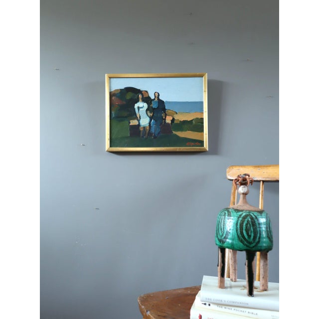 Mid-Century Modern Mid-Century Modern 'Seaside Bench' Mini Abstract Figurative Landscape Oil Painting by Swedish Artist Eric Elfvén (1921–2008), Framed For Sale - Image 3 of 10