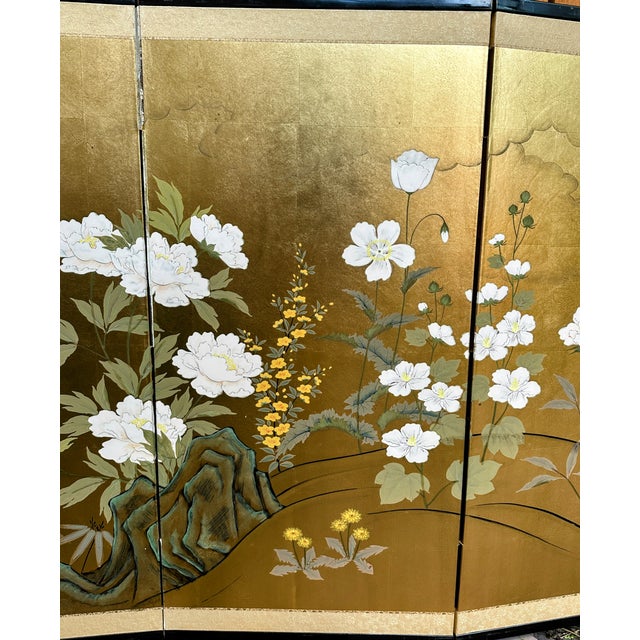 Metal Large Japanese Four-Panel Byobu Folding Screen in the Rinpa Style With Gold Leaf For Sale - Image 7 of 18