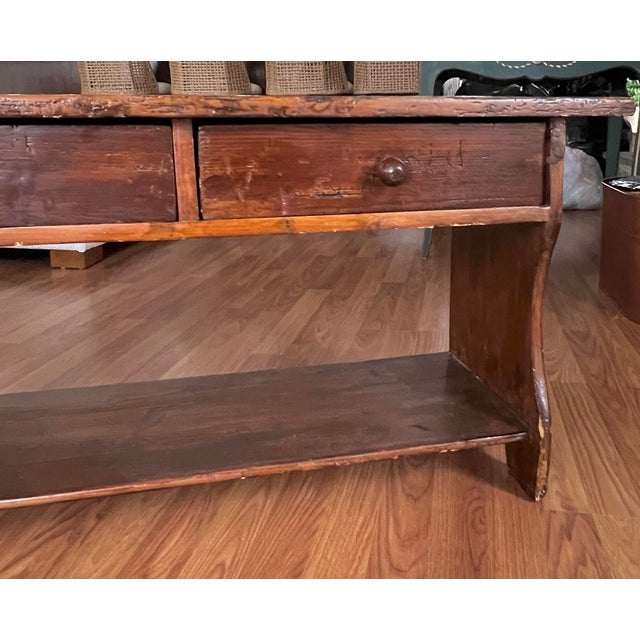 Rustic Antique Farmhouse Pine Bench With Drawers For Sale - Image 11 of 11