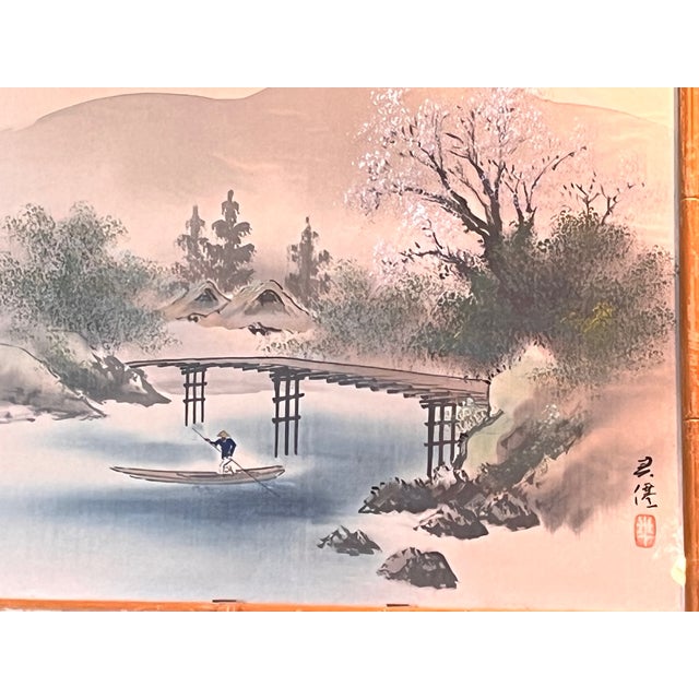 Japanese Mid 20th Century Japanese Silk Painting Signed Kasen Vintage Cherry Blossom River Landscape 17x15 For Sale - Image 3 of 7