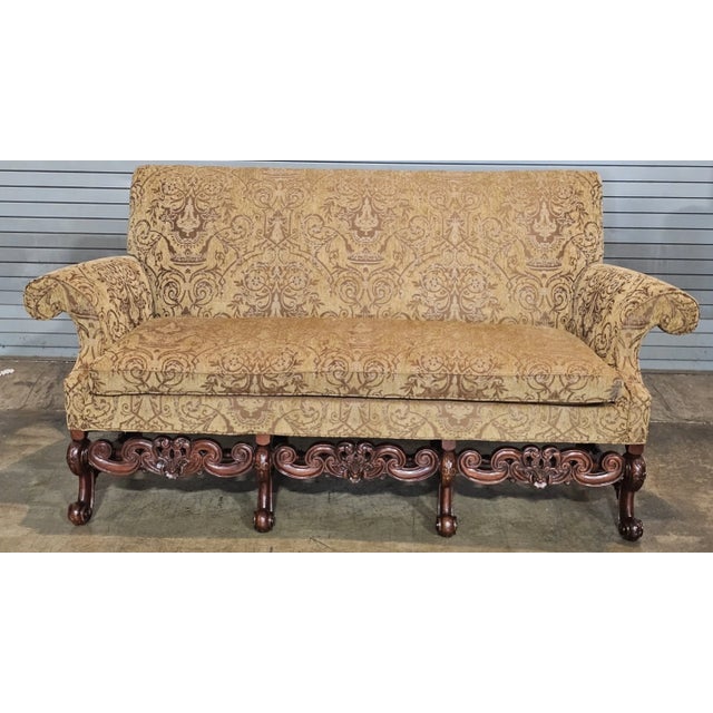 Rococo Late 20th Century Southwood Mahogany Rococo Sofa Damask Fabric Carved Frame Made North Carolina For Sale - Image 3 of 10