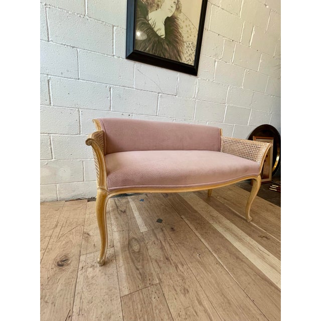 Hollywood Regency Louis XV Style Washed Caned Loveseat Serpentine Frame For Sale In New York - Image 6 of 11