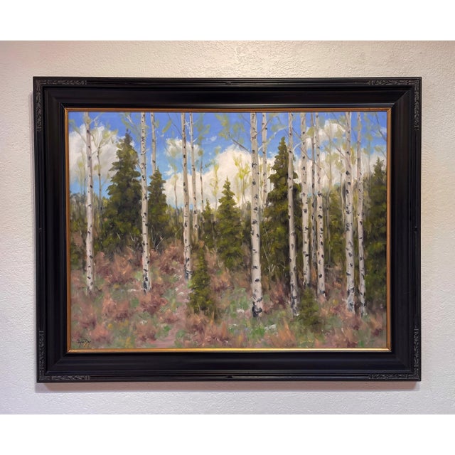 This artwork depicts a serene forest scene, featuring tall, slender birch trees contrasted against a backdrop of lush...