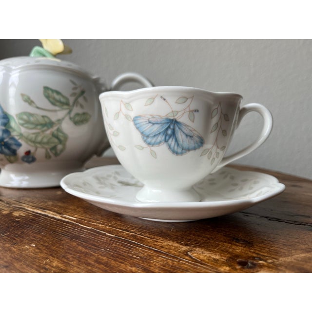 Contemporary Lenox Butterfly Meadow Pattern Tea Pot With Set of 2 Cups and Saucers For Sale - Image 3 of 8