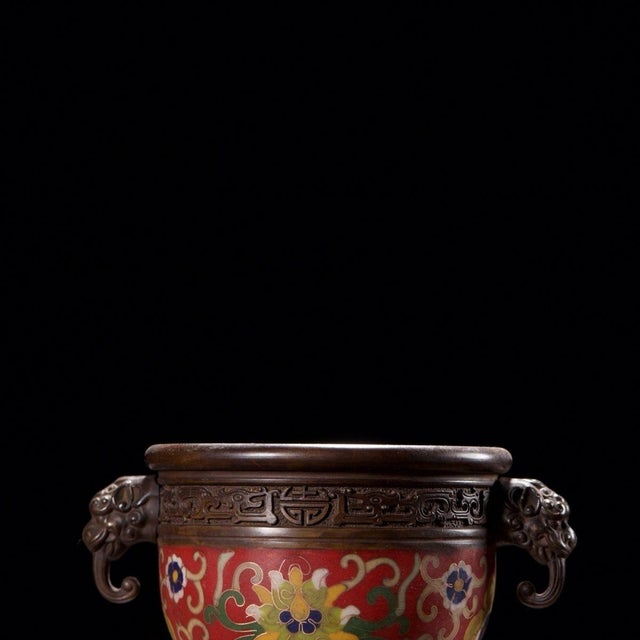 Late 20th Century Vintage Cloisonné Enamel Censer With Beast Handles and Lotus Motif For Sale - Image 5 of 9