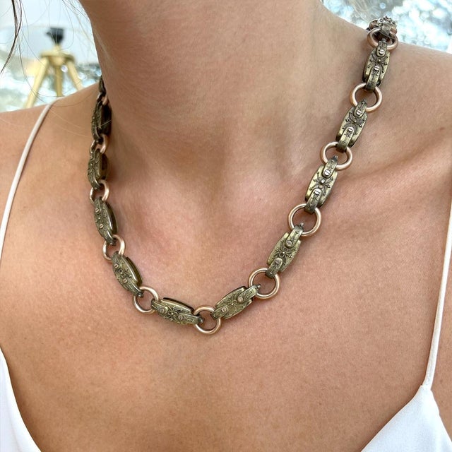 Metal Early 20th Century Victorian Bronze Necklace, 18k Gold Heavy Link Chain Necklace, Chunky One of a Kind Antique Jewelry, Handmade Jewelry For Sale - Image 7 of 10