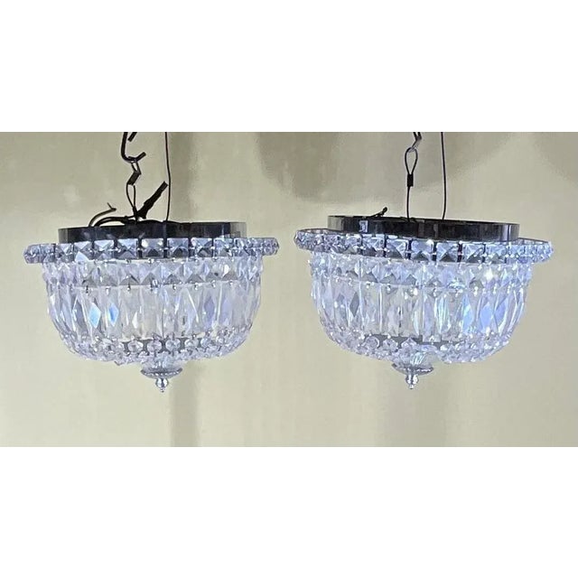 Modern Pair of 1940's Hollywood Style Crystal Drop-Down Flush Mount Chandelier For Sale - Image 3 of 12