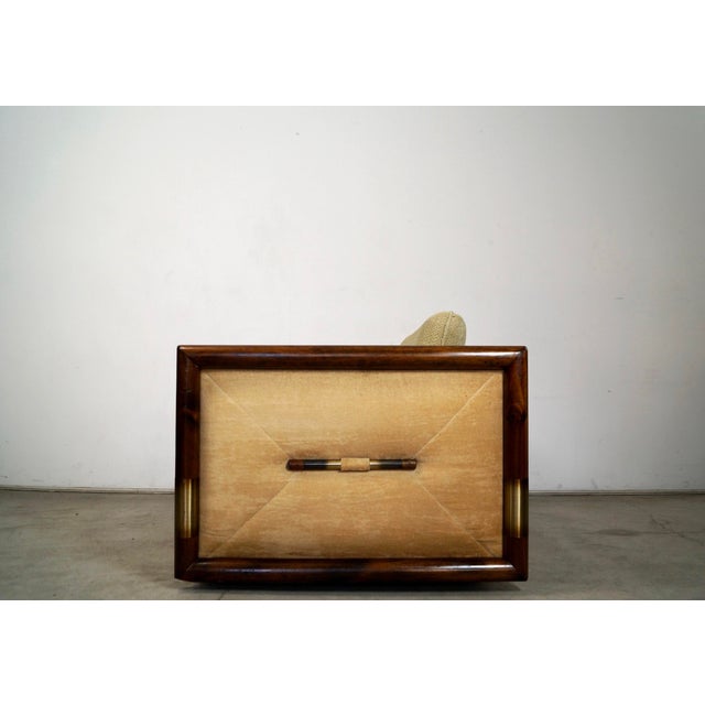 Wood 1970’s Hollywood Regency Campaign Tuxedo Loveseat Sofa For Sale - Image 7 of 12