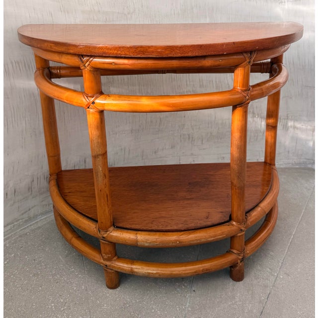 Vintage 1940’s Mid-Century Original Condition Rattan, Bamboo Two Tier Drink Table, Side Table in Rare Demi-Lune Shape, Palm Beach Style For Sale - Image 12 of 12