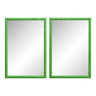 Pair of Green Painted Faux Bamboo Beveled Wall Mirrors For Sale