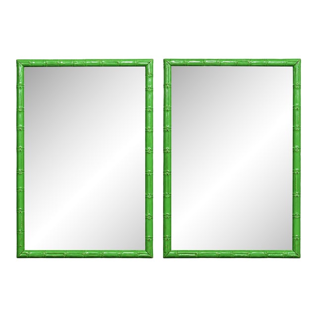 Pair of Green Painted Faux Bamboo Beveled Wall Mirrors For Sale