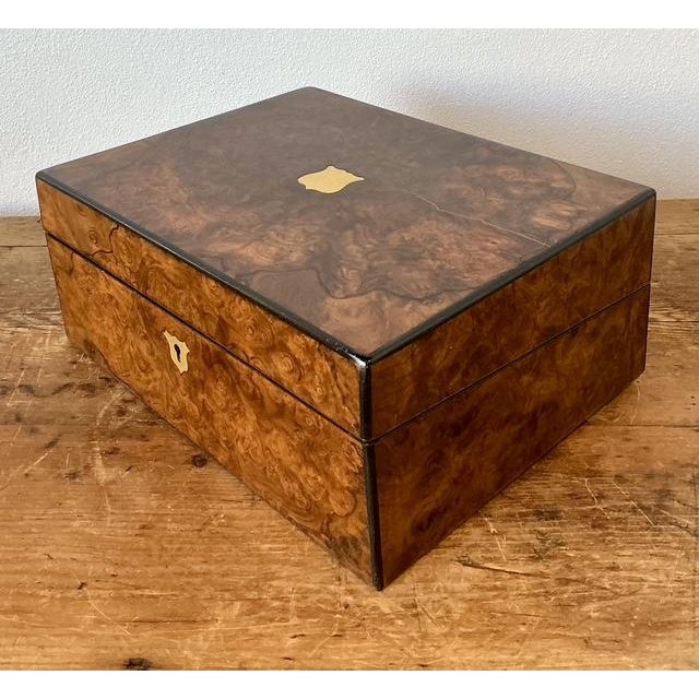Victorian Vintage Brass Inlay Burl Wood Traveling Writing Desk Box For Sale - Image 3 of 11