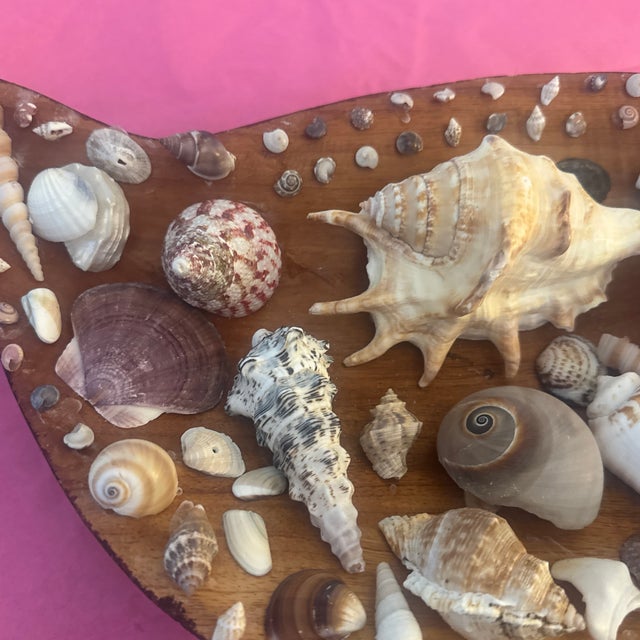 Coastal Mid-Century Biomorphic Carved Walnut Heart-Shaped Centrepiece Bowl With Integrated Seashell Mosaic For Sale - Image 3 of 8