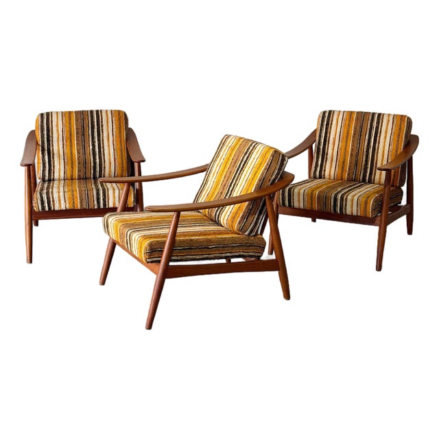 Solid Teak Lounge Armchairs in Style of Folke Ohlsson Set of 3 Striped Upholstery Danish Mid-Century Modern 1960s For Sale