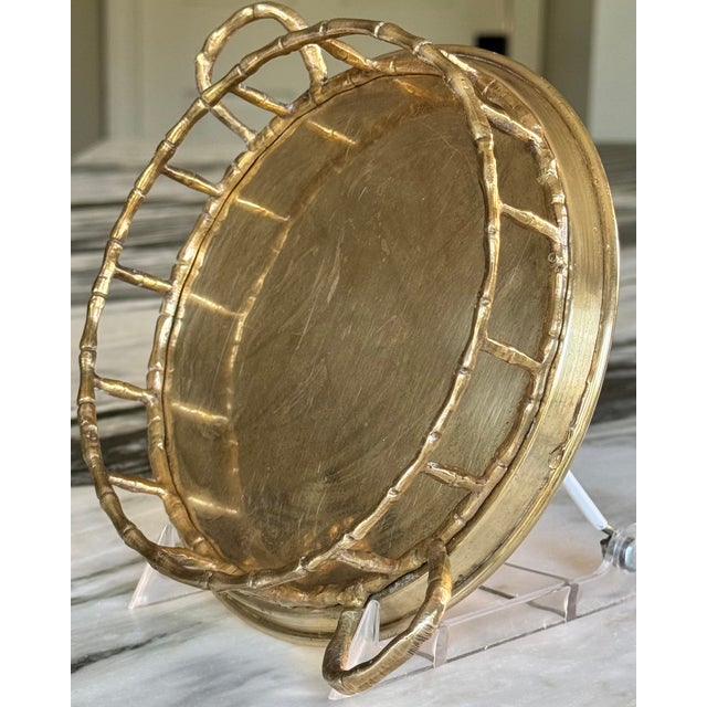 Made in India Solid Brass Bamboo Motif Petite Serving Tray For Sale - Image 11 of 15