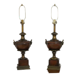 Pair Neoclassical Style Wood Urn Table Lamps
