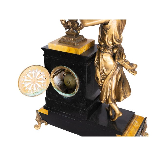 Lady Playing Harp Pendulum Mantel Clock on Marble Base, 1900s For Sale - Image 9 of 10