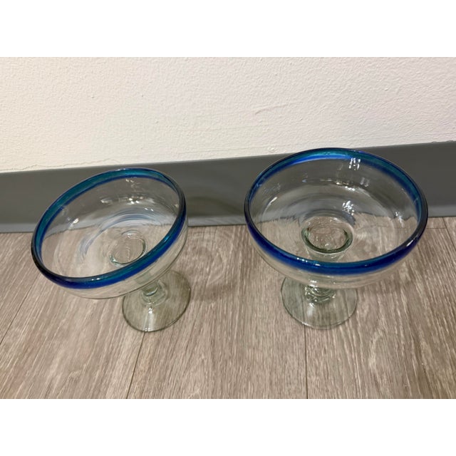 Coastal Pair of Blue‑Rim Margarita Glasses For Sale - Image 3 of 10
