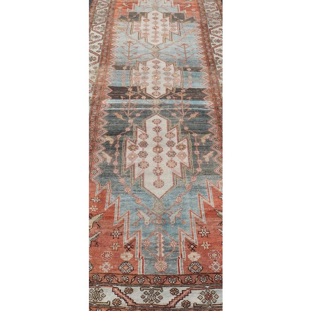 Antique Geometric Persian Malayer Gallery Runner in Gray, Blue, Light Tera-Cotta and Cream For Sale - Image 4 of 13