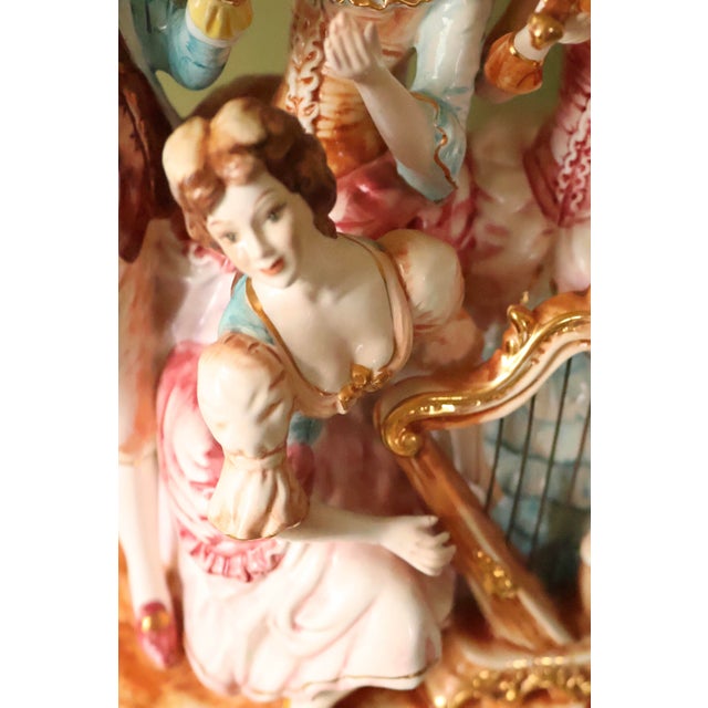 Vintage Italian Figural Porcelain Lamp With Fringed Shade - Courting Musicians Quartet For Sale - Image 9 of 10