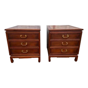 Mid 20th Century Pair of Vintage Chinoiserie Style Solid Teak Nightstands. Made in Taiwan