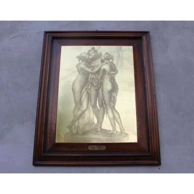 The Three Graces on metal plate with dry point etching technique art, with solid wooden frame. Dimensions: 47/57 cm or...