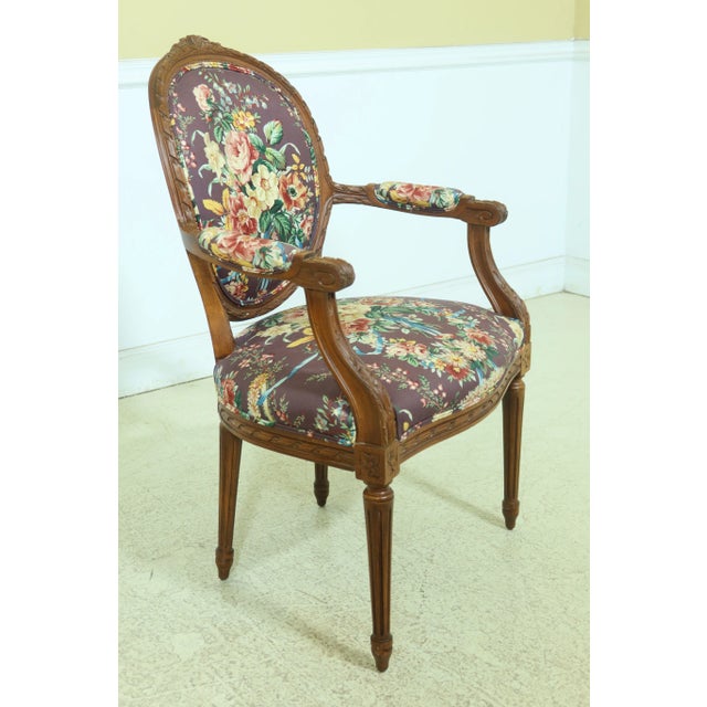 French Pair French Louis XV Style Floral Upholstered Armchairs For Sale - Image 3 of 10