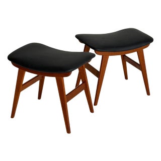 Teak Stool with Black Leather, 1960s, Set of 2 For Sale