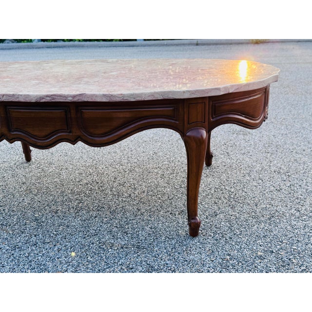 Mid-Century Modern Vintage 1960s Provincial Pink Oval Marble Top Coffee Table For Sale - Image 3 of 7