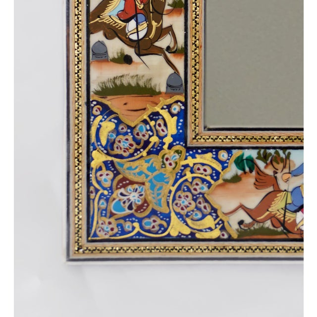 Hand-Painted Polo Scene Mirror, Indigo Persian Miniature Style Frame For Sale - Image 4 of 4