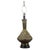 Large Indo Persian brass table lamp, finely embossed with Moorish Islamic repousse floral designs, sits on a black...