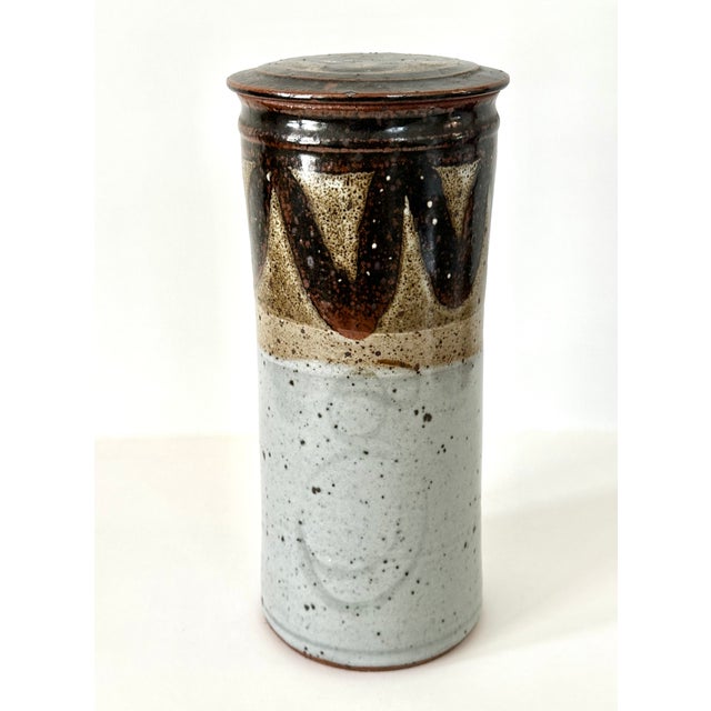 Beige Tall Lidded Stoneware Studio Pottery Jar by Bob Hasselle for Clifton Earthworks Pottery For Sale - Image 8 of 15