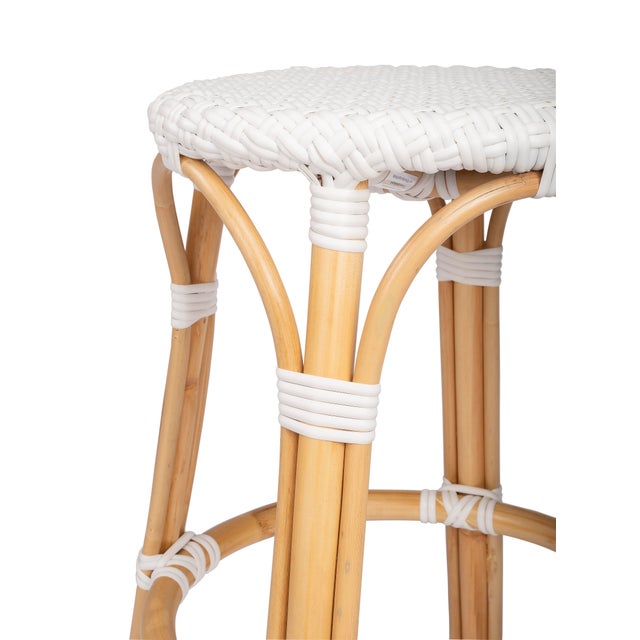 Tobias 24 in. Seat Height Round Rattan Backless Counter Stool, Glossy White/ Natural Rattan Frame For Sale In Chicago - Image 6 of 8