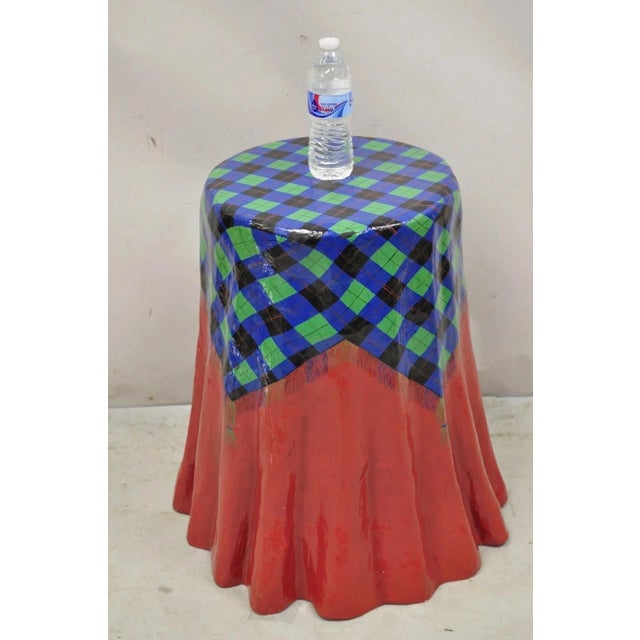 Vintage Hollywood Regency Paper Mache Red Blue Green Tartan Painted "Tablecloth" Drape Side Table by The Strata Group....